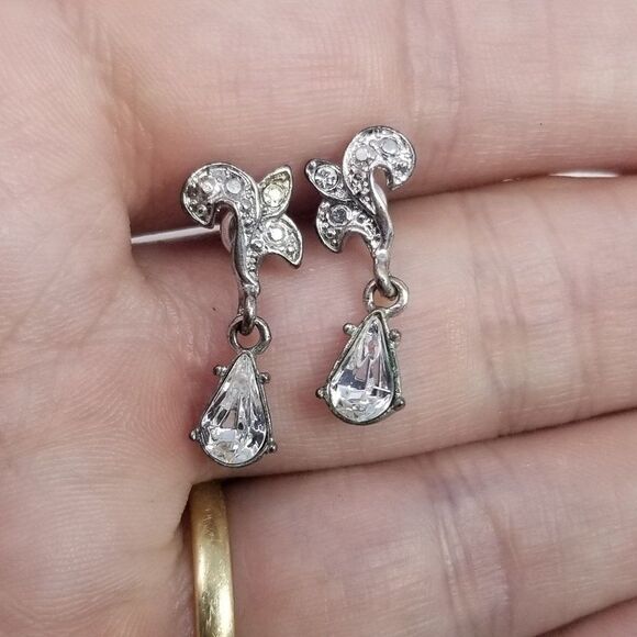 Vintage Little Rhinestone Drop Stud Earrings, Silver Tone Setting, Small Sparkle - Picture 3 of 5